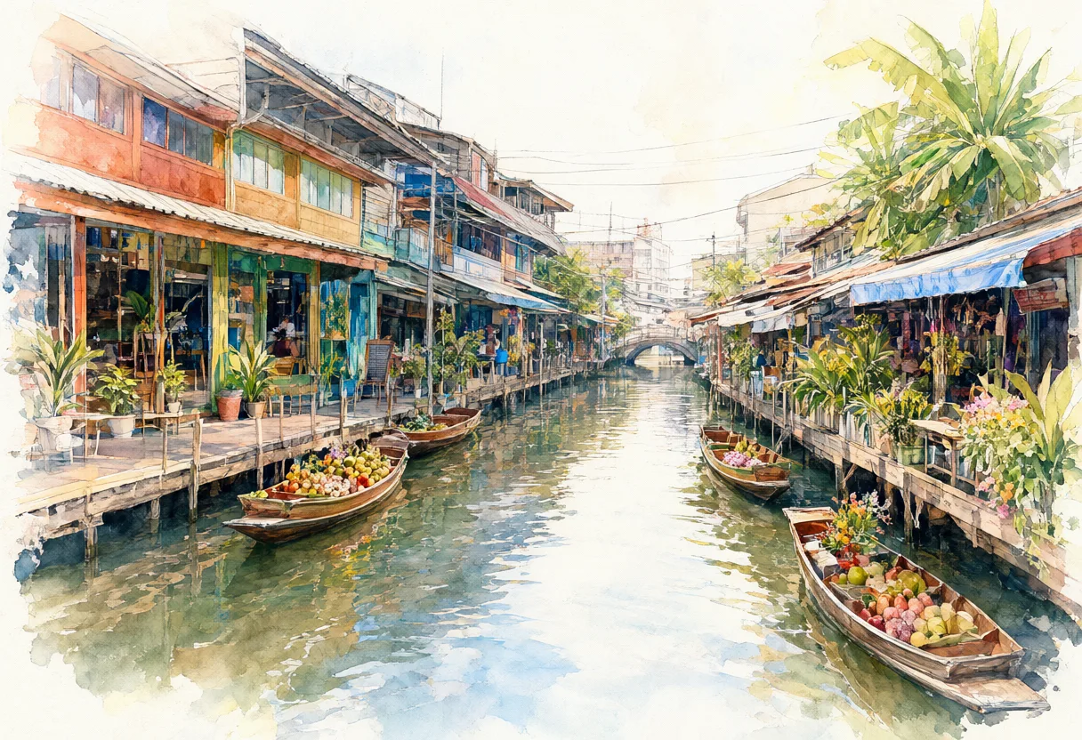 Wooden boats filled with fresh fruit along a colorful tropical floating market canal. (AI-generated)