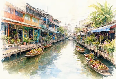 ตลาดน้ำสีสันสดใสริมคลองเขตร้อน (สร้างด้วย AI)