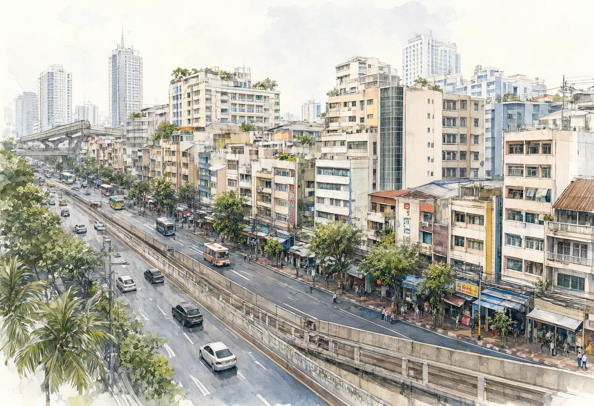 An elevated expressway beside a busy city road with buildings and tropical trees. (AI-generated)