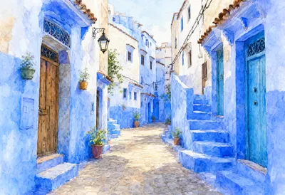 Blue Mediterranean Village Alley (AI-generated)
