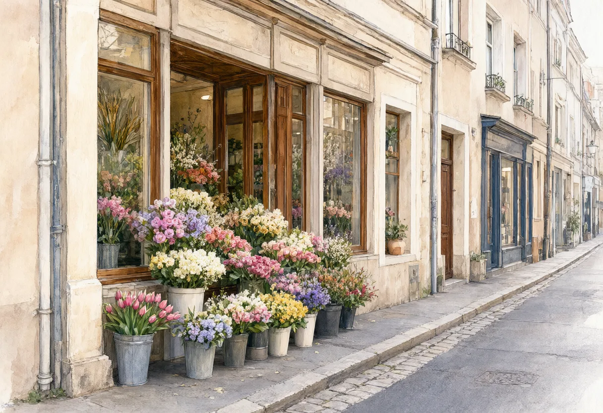 Colorful potted flowers outside a charming flower shop on a European street. (AI-generated)