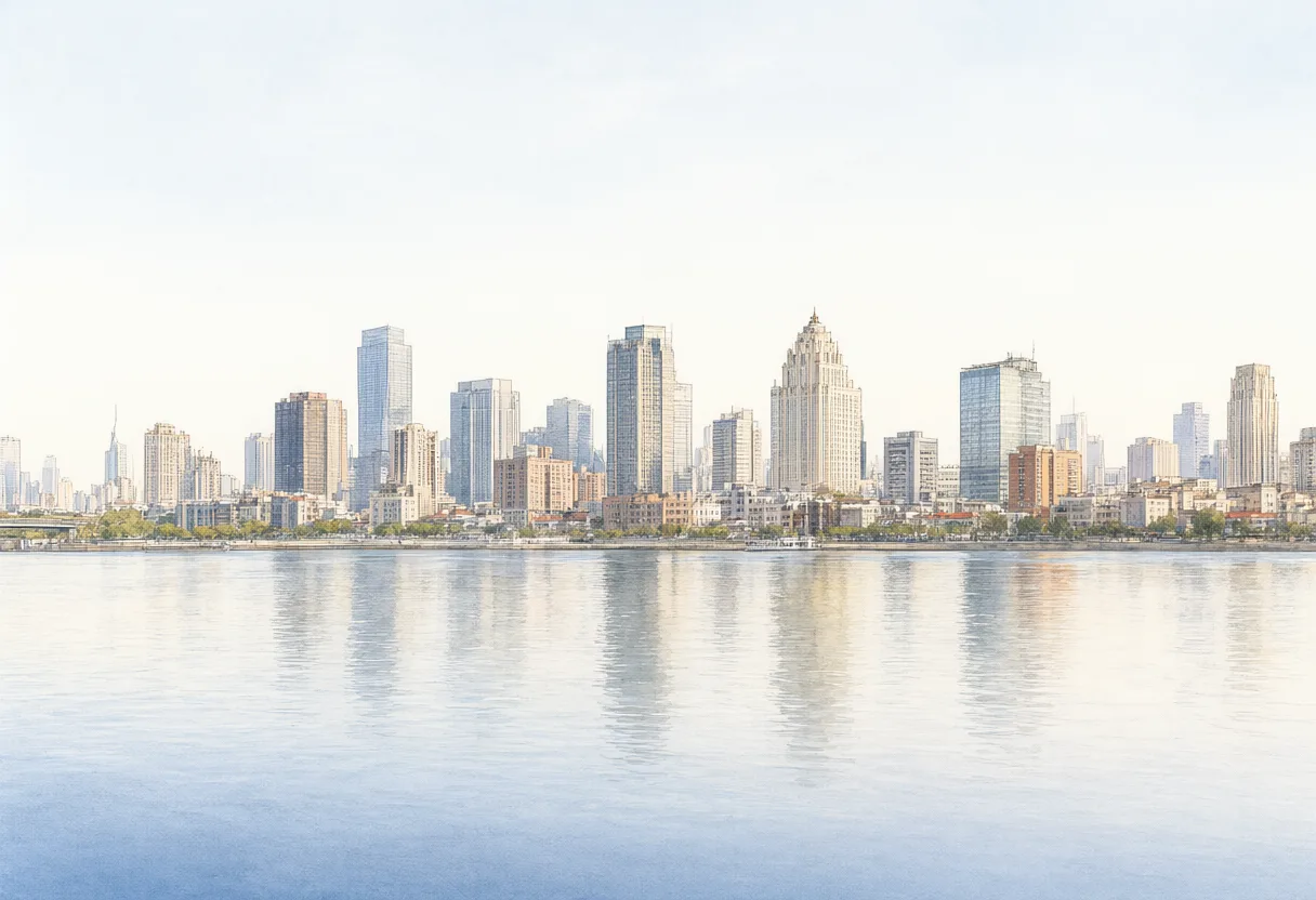 A modern city skyline with tall buildings reflected in a calm river under a bright, softly colored sky. (AI-generated)