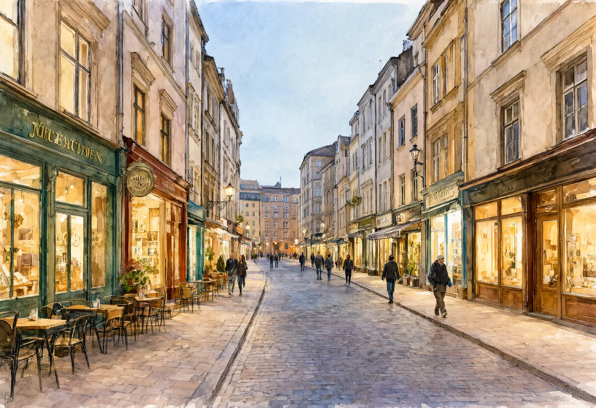 Pedestrians walk along a historic shopping street lined with warmly lit storefronts, cafes, and traditional buildings. (AI-generated)
