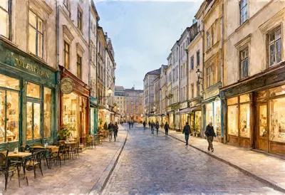Historic Shopping Street with Warmly Lit Storefronts (AI-generated)