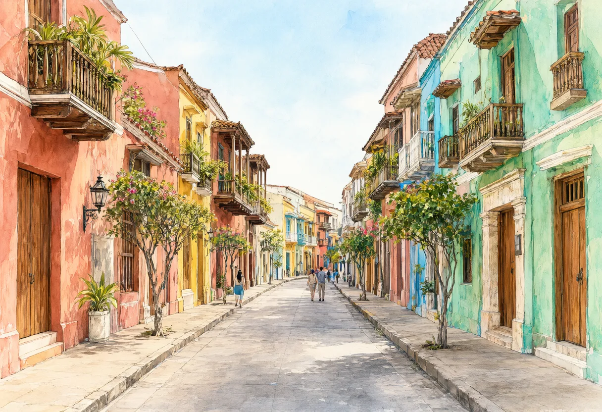 A quiet historic street lined with colorful pastel buildings, wooden balconies, potted plants, and leafy trees. (AI-generated)