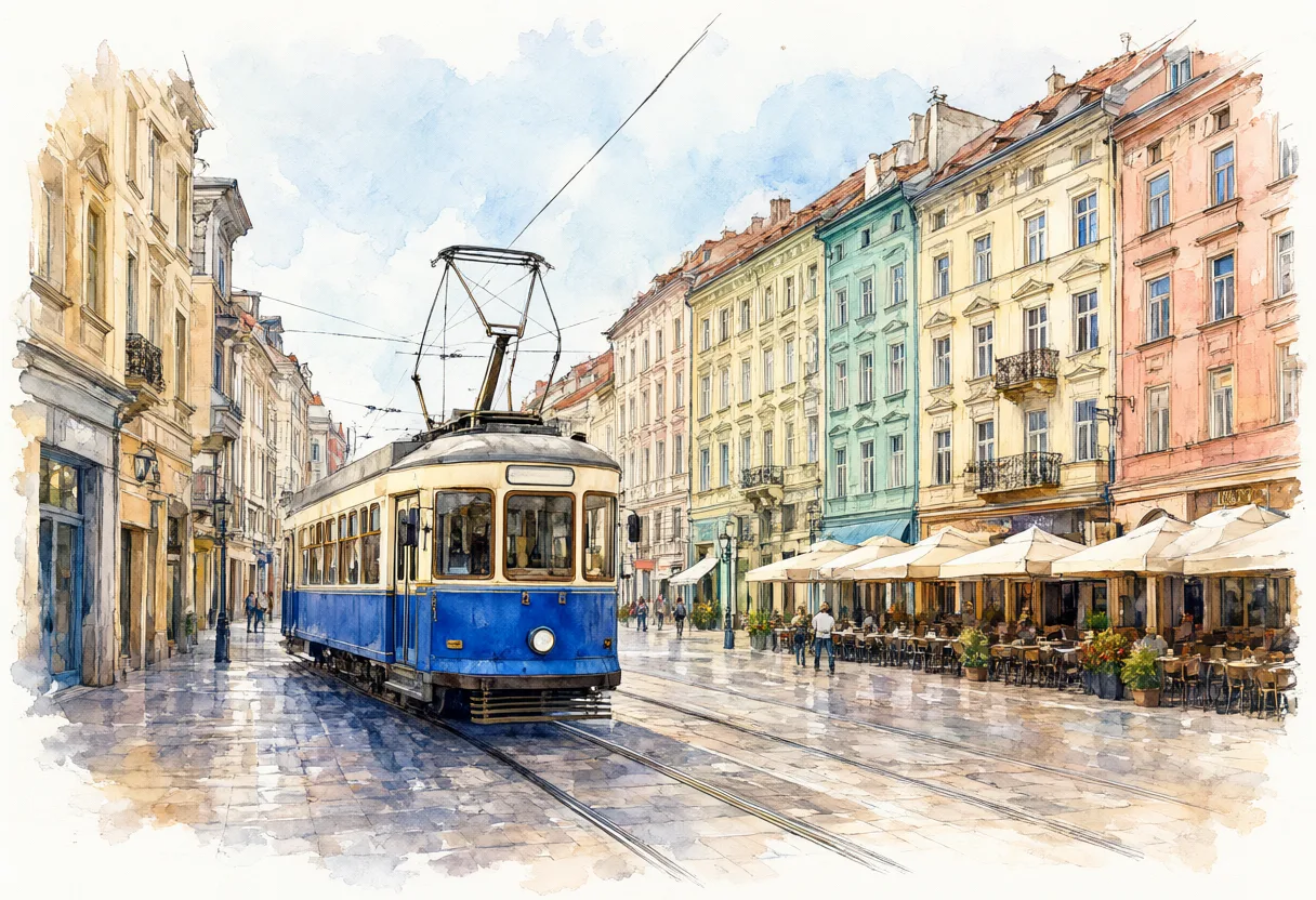 A blue vintage tram passes colorful pastel buildings and outdoor cafes on a European cobblestone street. (AI-generated)