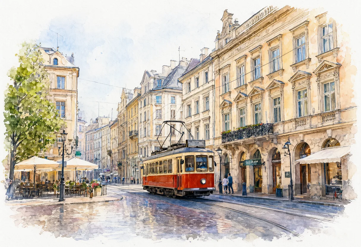 A vintage red tram travels along a European street surrounded by classical buildings and outdoor cafes. (AI-generated)