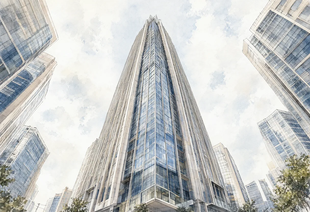 A tall glass skyscraper rises above surrounding modern buildings, viewed from a low angle against a bright sky. (AI-generated)