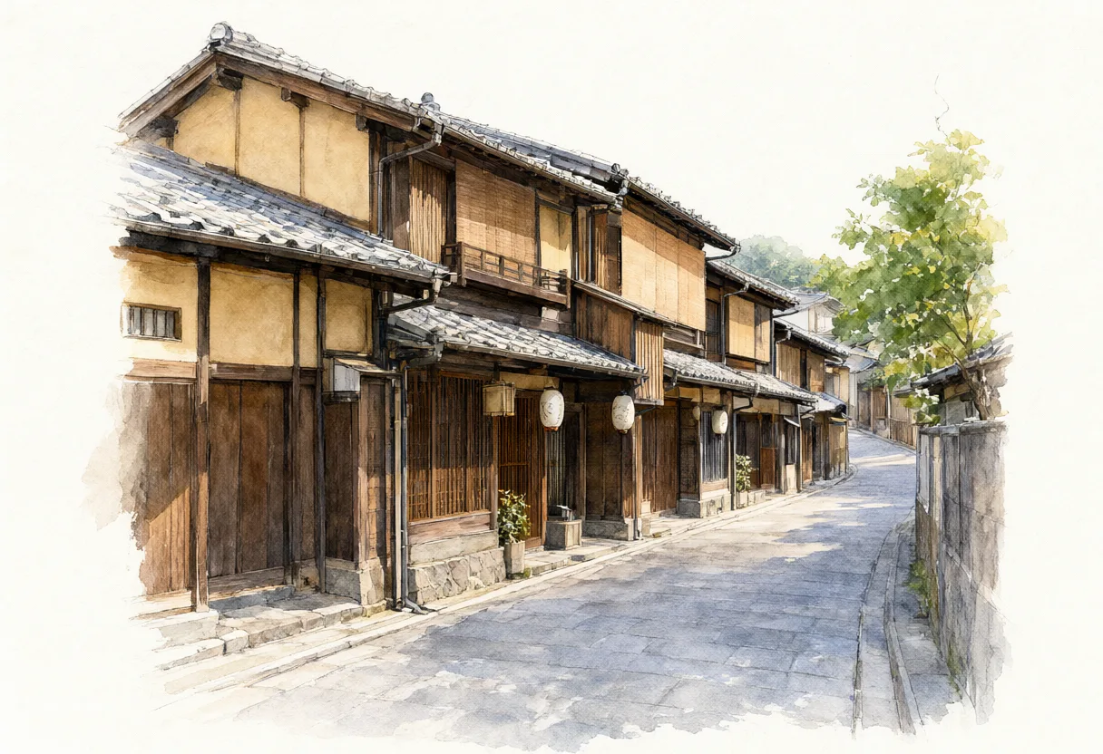 Traditional Japanese wooden houses with tiled roofs and paper lanterns line a quiet stone-paved street. (AI-generated)