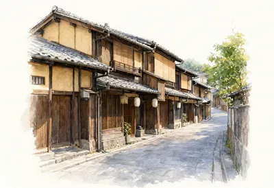 Traditional Japanese Wooden Houses Along a Quiet Street (AI-generated)