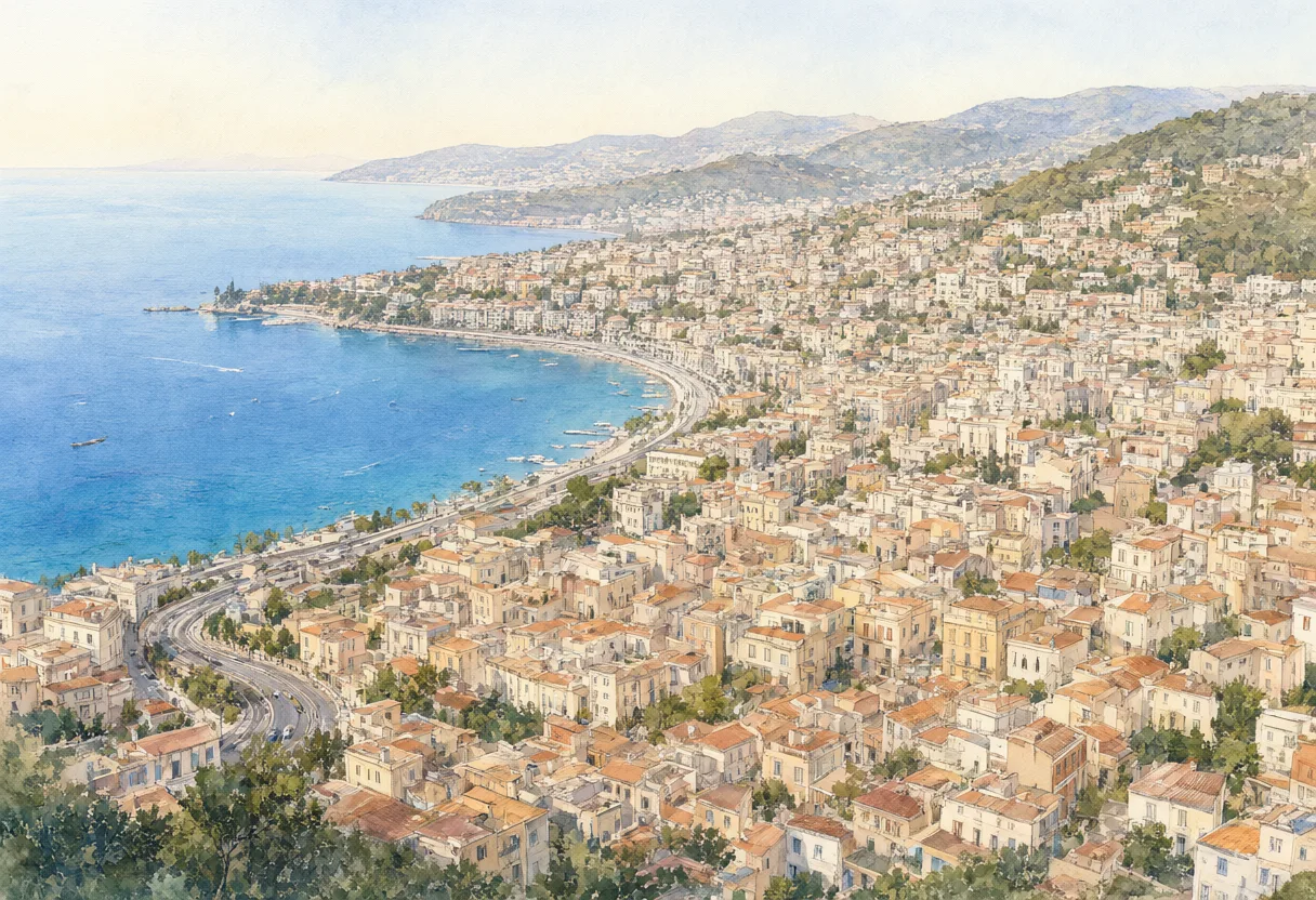 A panoramic coastal city with blue water, curving shoreline roads, densely packed buildings, and distant hills. (AI-generated)