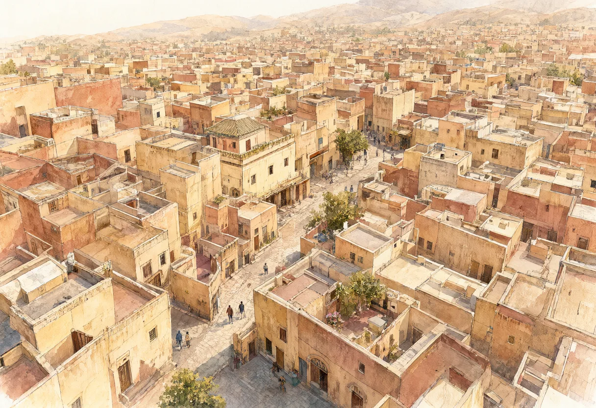 An aerial view of a traditional neighborhood with tightly packed earth-toned buildings, narrow streets, and hills in the background. (AI-generated)