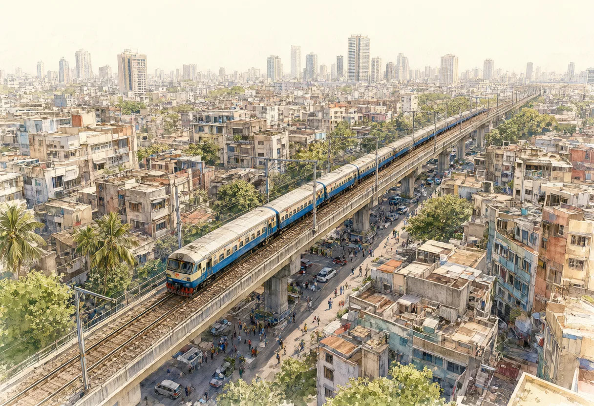An elevated passenger train travels above a dense urban neighborhood filled with buildings, roads, and trees. (AI-generated)