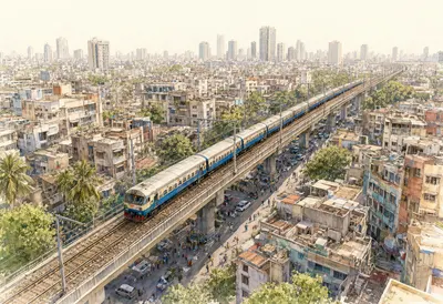 รถไฟยกระดับวิ่งผ่านย่านชุมชนเมืองที่หนาแน่น (สร้างด้วย AI)