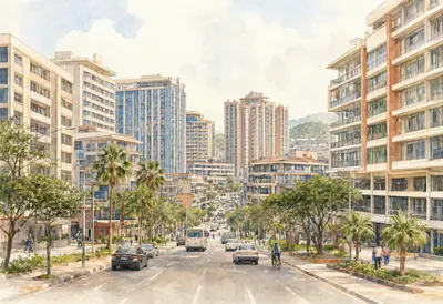 Sunny Modern City Street with High Rise Buildings (AI-generated)