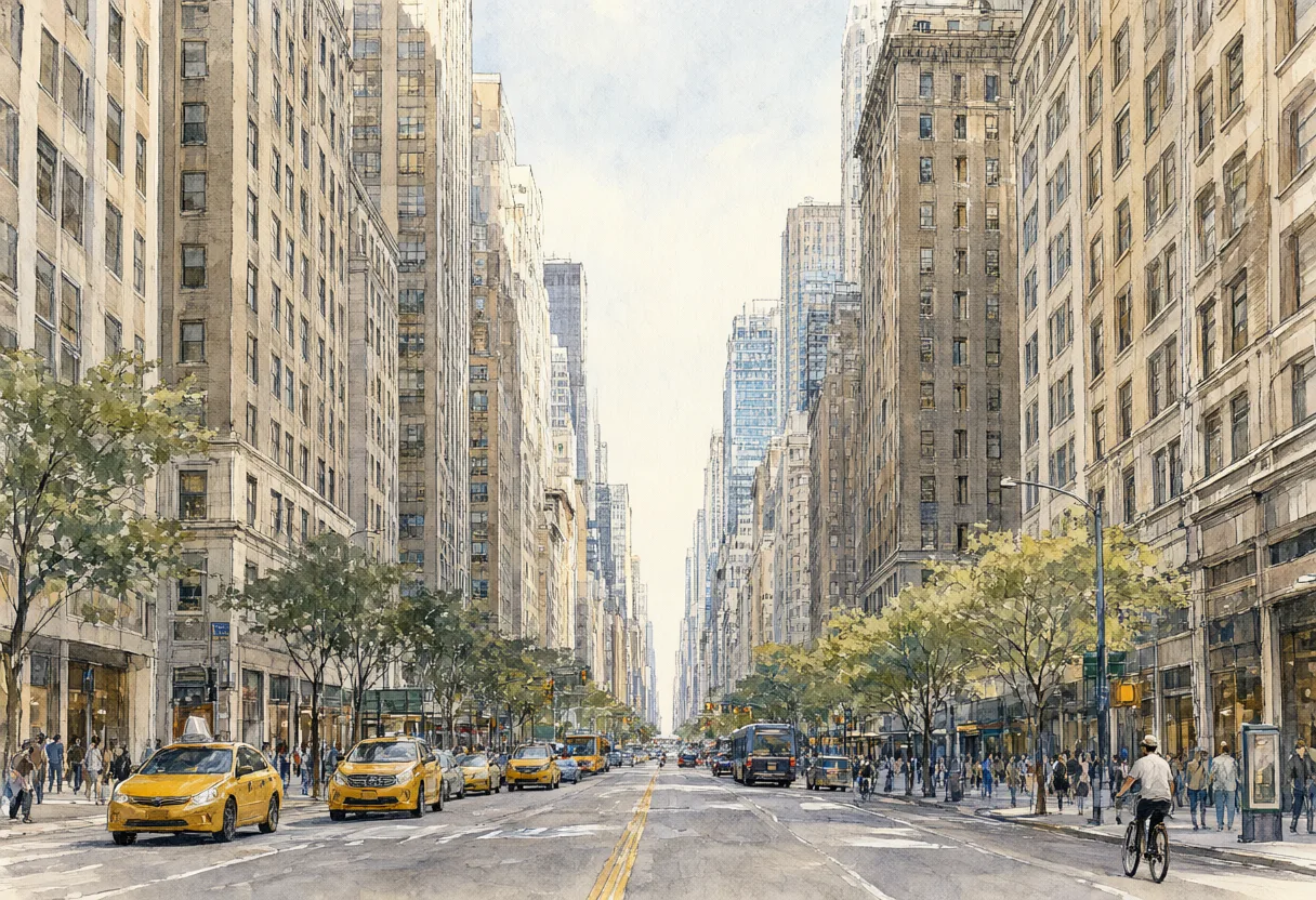 Watercolor illustration of a city street with tall historic buildings, green trees, pedestrians, and traffic. (AI-generated)