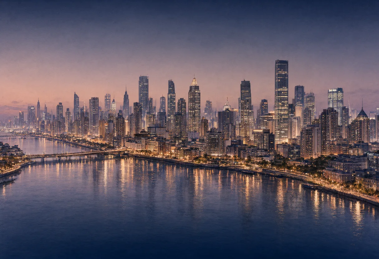 Modern city skyline with illuminated skyscrapers reflected on a river under a purple-orange dusk sky. (AI-generated)