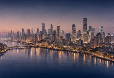 Modern City Skyline at Dusk with River Reflections (AI-generated)