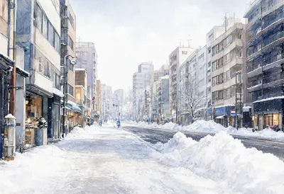 Snow Covered Downtown Street with Urban Buildings (AI-generated)