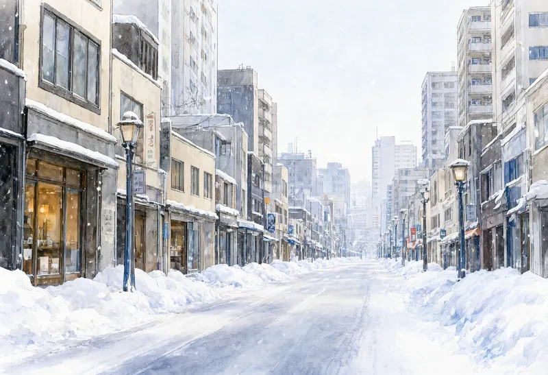 ภาพวาดสีน้ำของถนนในเมืองที่เงียบสงบ มีอาคารเรียงรายและพื้นถนนปกคลุมด้วยหิมะ (สร้างด้วย AI)