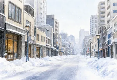 ถนนในเมืองที่ปกคลุมด้วยหิมะในฤดูหนาว ภาพวาดสีน้ำ (สร้างด้วย AI)