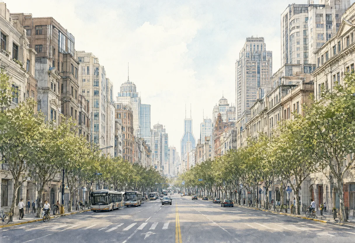 Downtown avenue with leafy trees, city buildings, buses, and cars in watercolor style. (AI-generated)