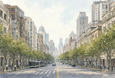 Tree-Lined Downtown Avenue with City Traffic (AI-generated)