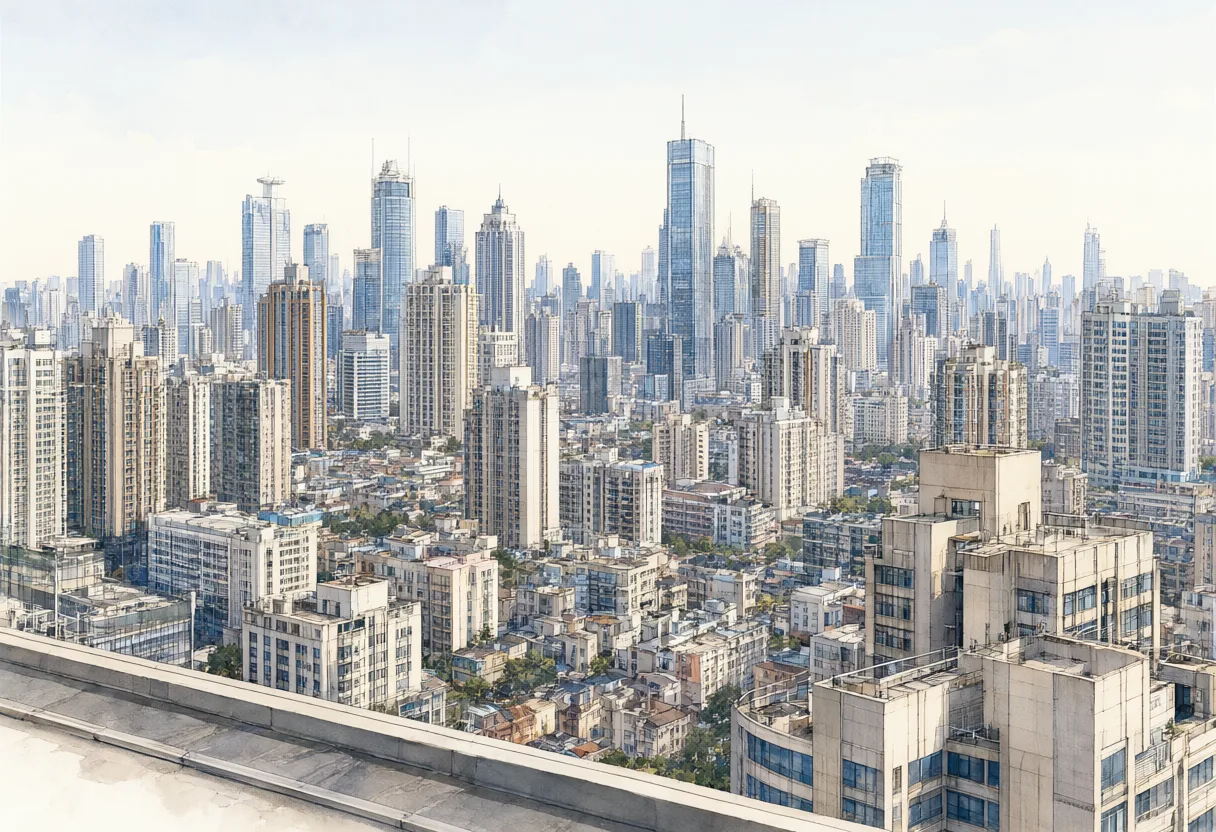 Panoramic view of a dense modern city with skyscrapers and high-rise buildings. (AI-generated)