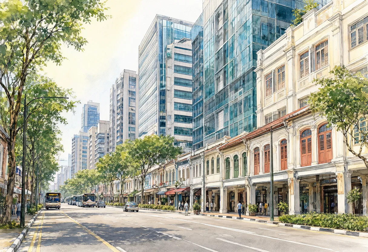 Tree-lined city street with modern glass towers and historic buildings in watercolor style. (AI-generated)