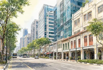 Singapore Urban BoulevardTree-Lined Urban Street with Modern and Historic Buildings (AI-generated)