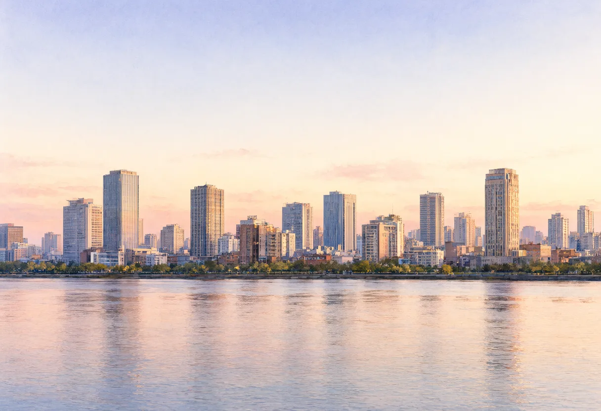 Modern city skyline reflected on a river at sunset. (AI-generated)