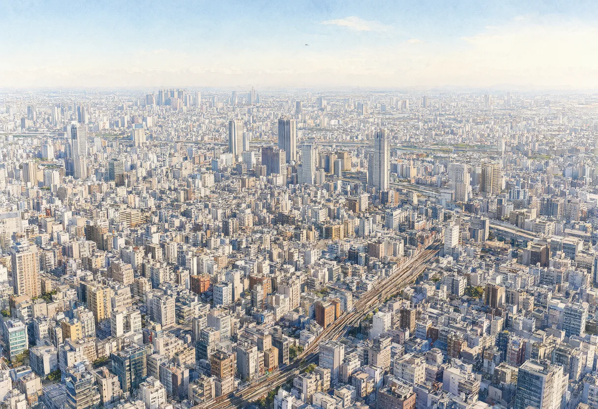 Panoramic watercolor illustration of a large modern city with skyscrapers and railway lines. (AI-generated)