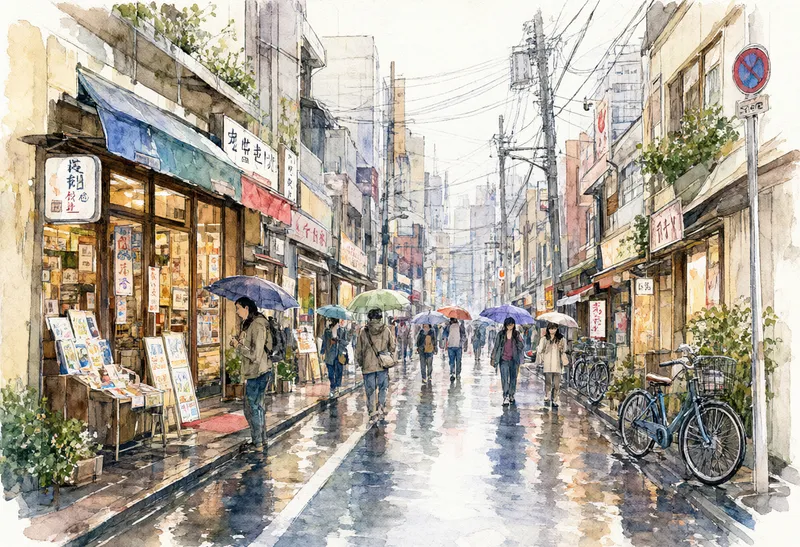 ภาพวาดสีน้ำผู้คนถือร่มเดินบนถนนช้อปปิ้งในวันที่ฝนตก (สร้างด้วย AI)