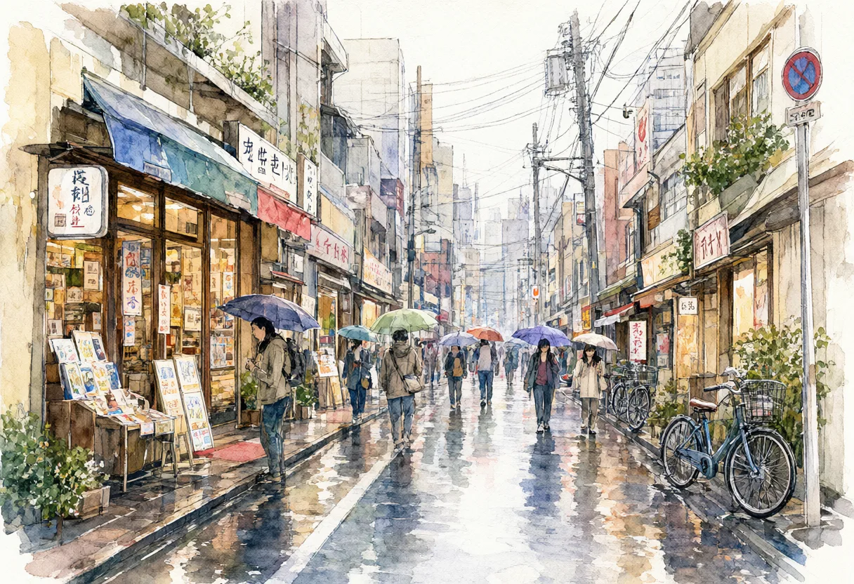 Watercolor illustration of pedestrians with umbrellas on a rainy shopping street. (AI-generated)