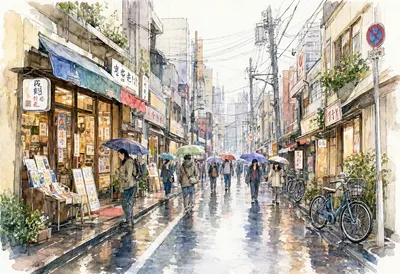 ถนนช้อปปิ้งในญี่ปุ่นช่วงฝนตกสไตล์สีน้ำ (สร้างด้วย AI)