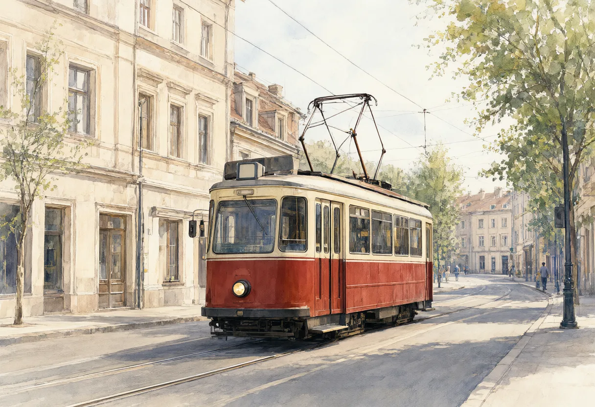 Watercolor painting of a red vintage tram on a historic European street. (AI-generated)