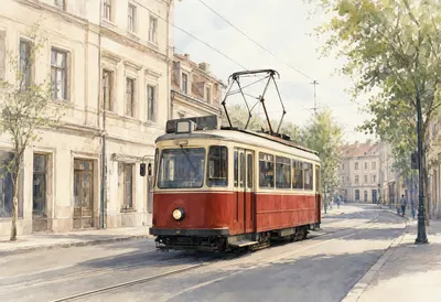 Vintage Red Tram on a Historic European Street (AI-generated)