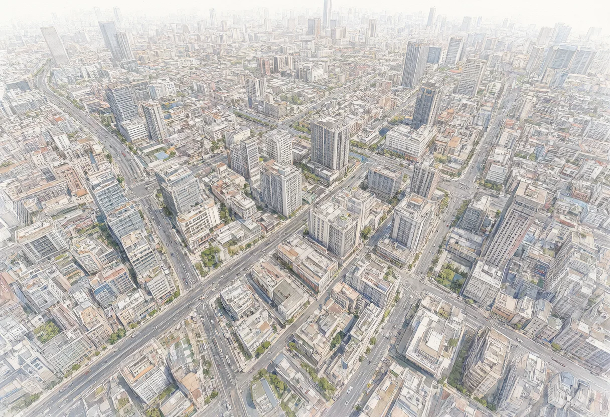 Watercolor illustration of a dense modern city viewed from above. (AI-generated)