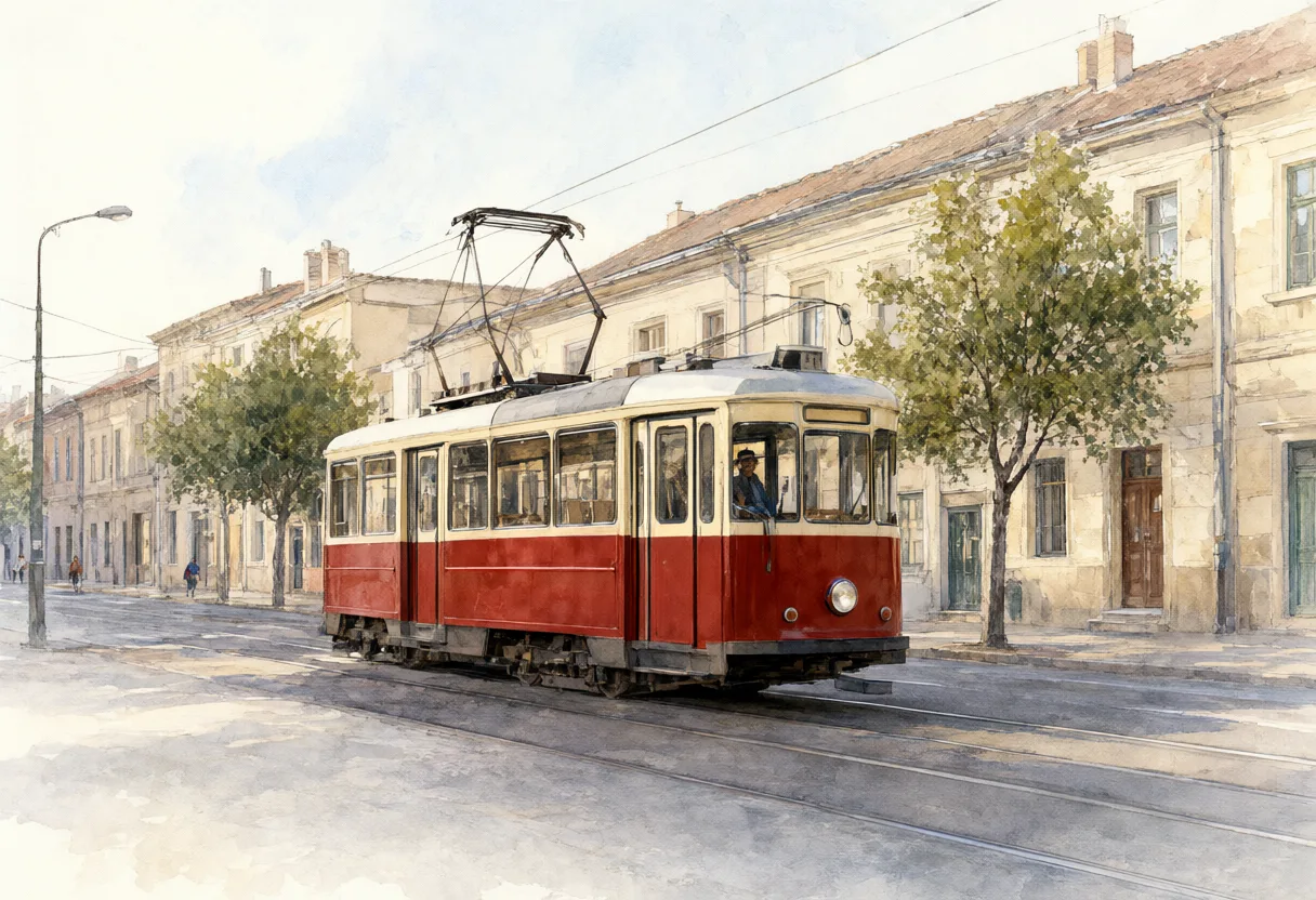 A vintage red and cream tram on city tracks in front of historic European buildings and green trees. (AI-generated)