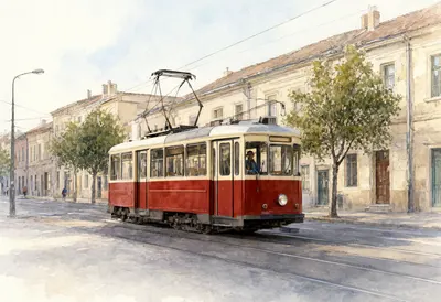 Vintage Red and Cream Tram on a European City Street (AI-generated)