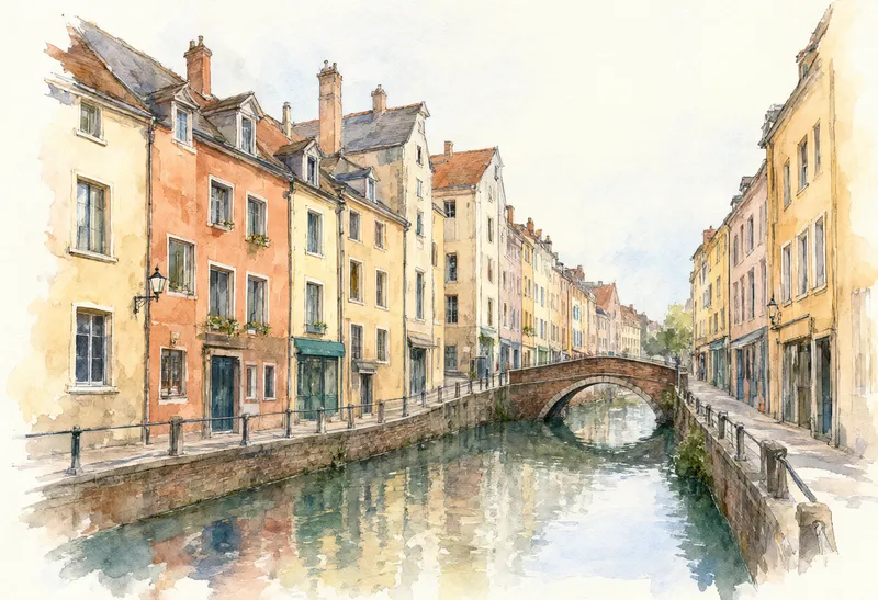 ภาพวาดสีน้ำของคลองยุโรปที่มีอาคารเก่าสีพาสเทล สะพานหิน และเงาสะท้อนบนผิวน้ำ (สร้างด้วย AI)