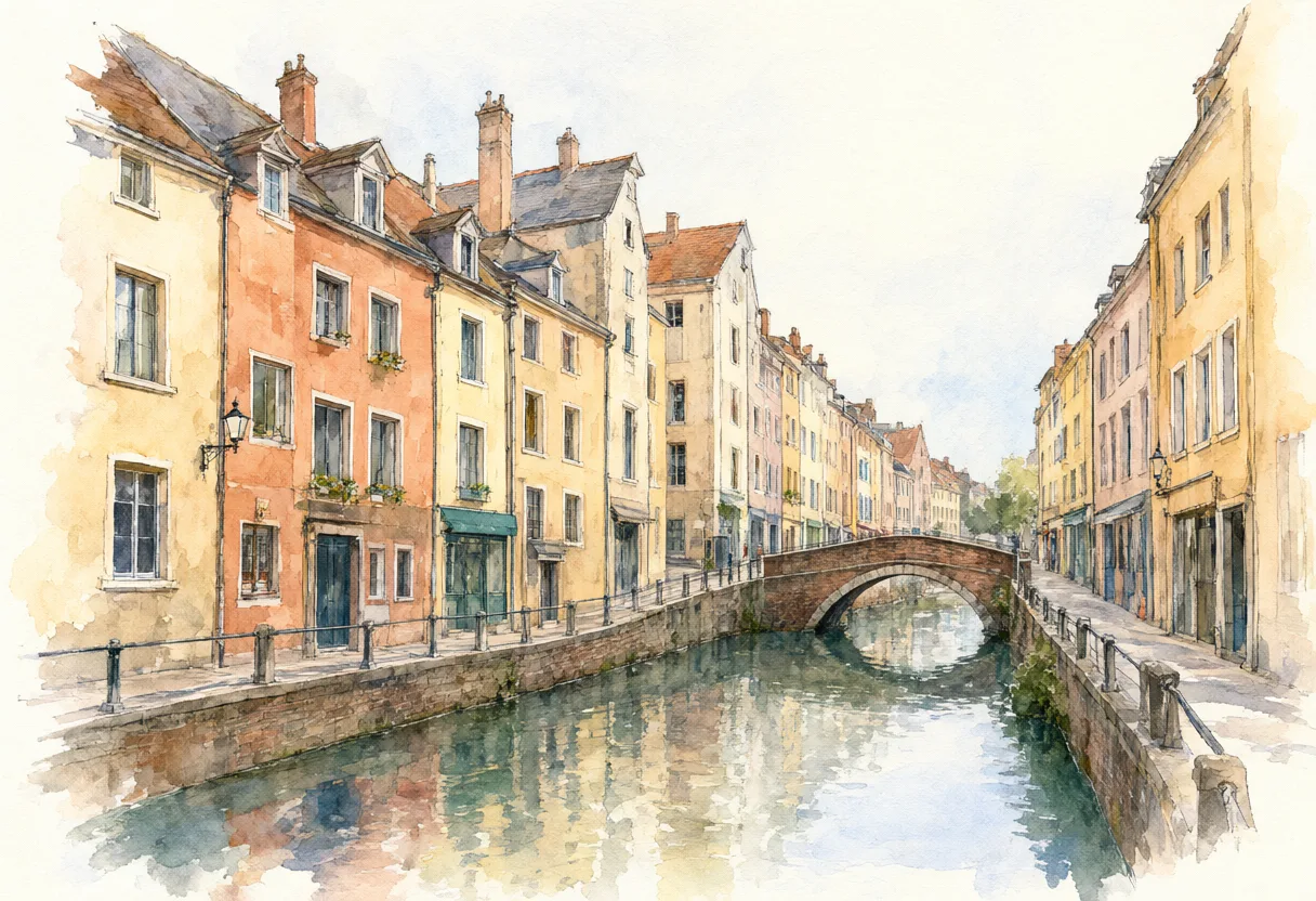 A watercolor painting of a European canal with pastel-colored historic buildings, a stone bridge, and reflections on the water. (AI-generated)