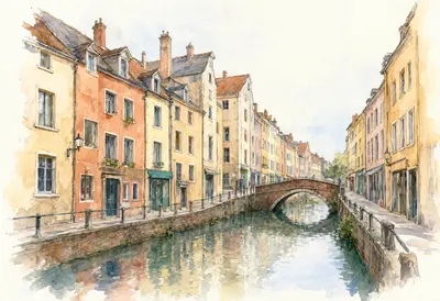 Charming European Canal with Stone Bridge and Colorful Houses (AI-generated)