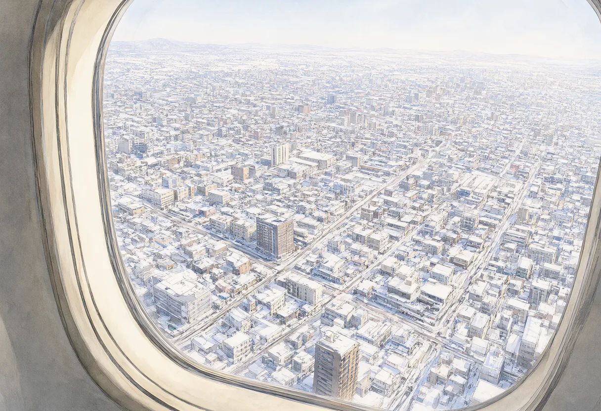 A vast snow-covered city viewed from an airplane window, showing buildings and roads stretching across the winter landscape. (AI-generated)