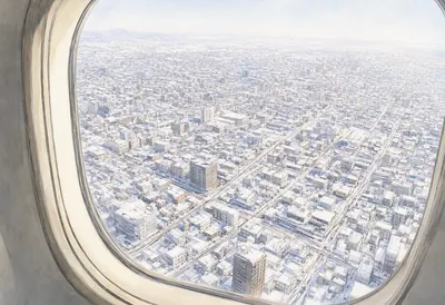 Aerial View of a Snow Covered City Through an Airplane Window (AI-generated)