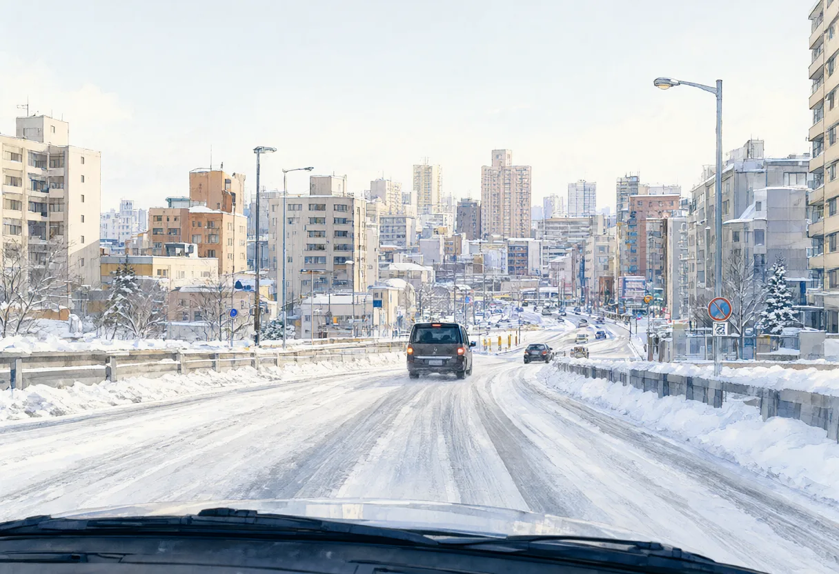A snow-covered city road with cars and urban buildings viewed through a car windshield on a bright winter day. (AI-generated)