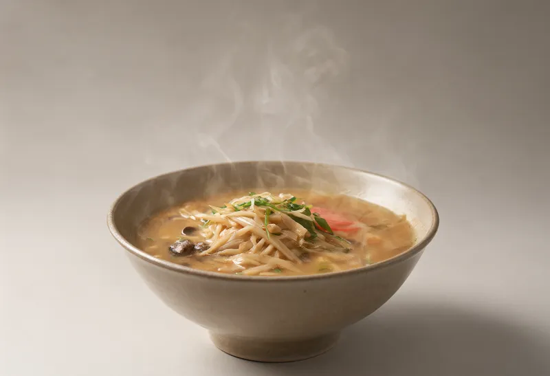 Appetizing ramen bowl on a neutral studio backdrop (AI-generated)