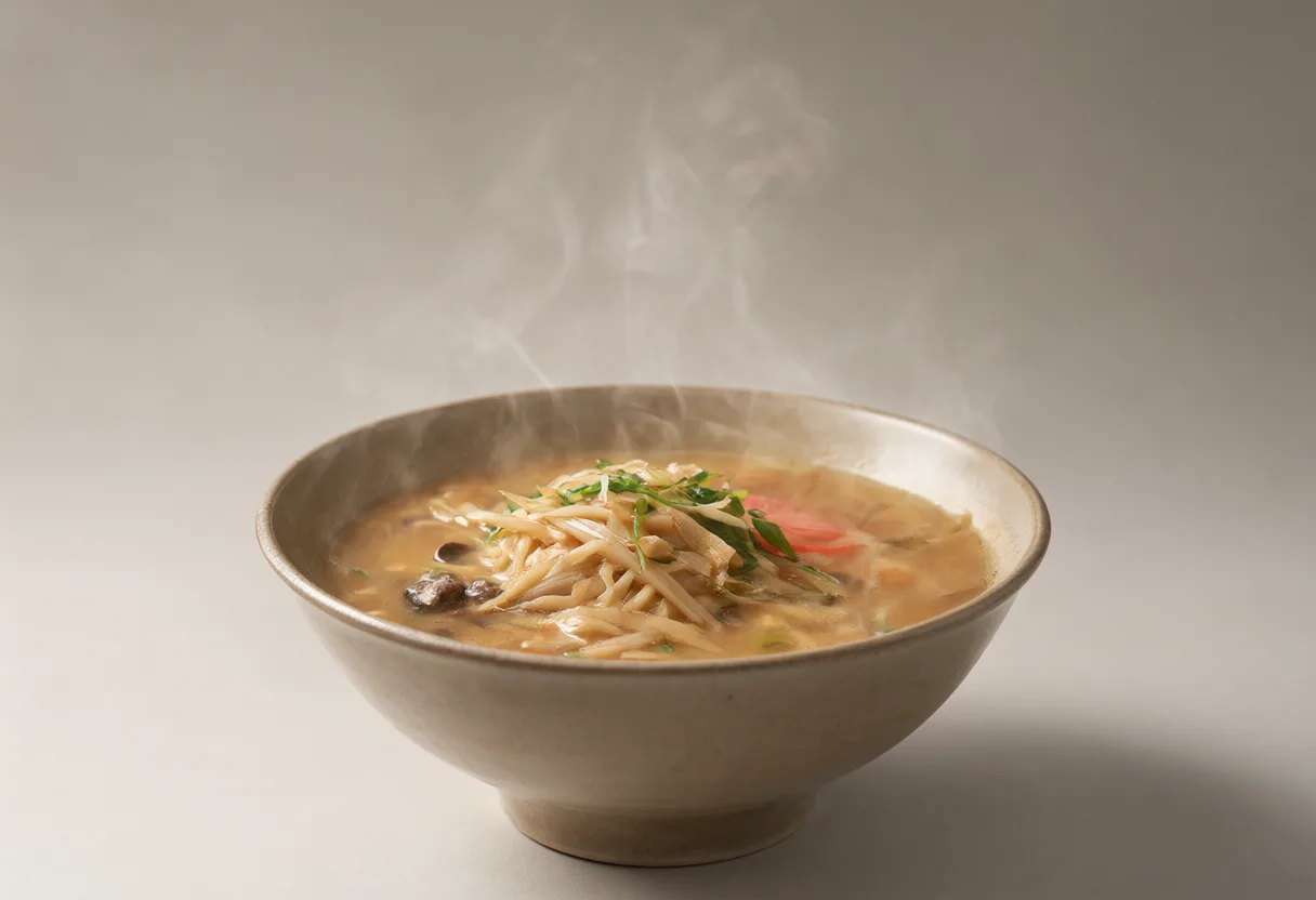 Appetizing ramen bowl on a neutral studio backdrop (AI-generated)