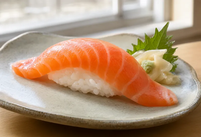 Fresh salmon nigiri sushi on a handcrafted ceramic plate (AI-generated)
