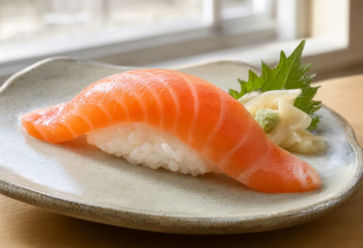 Fresh salmon nigiri sushi on a handcrafted ceramic plate (AI-generated)
